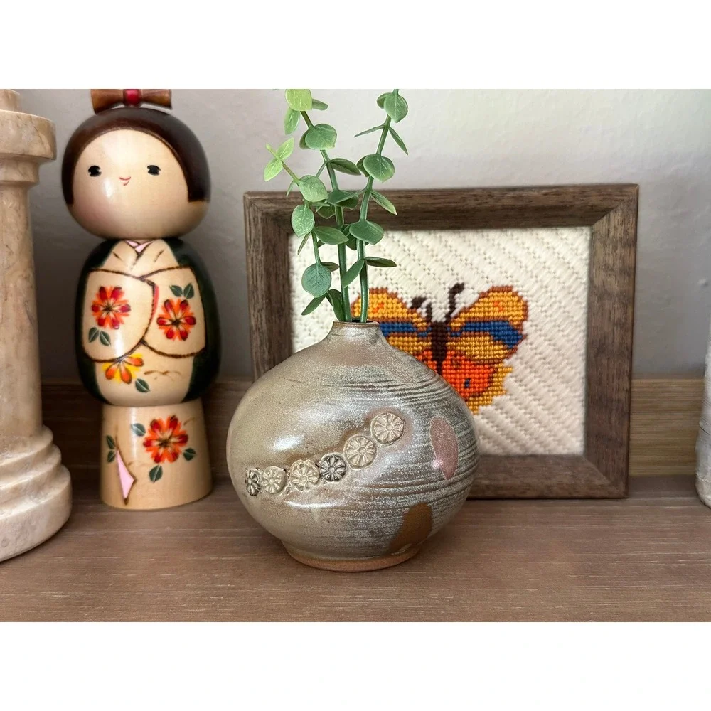 Vintage Studio Pottery Bud Vase Brown Salt Glazed Floral Stoneware Artist Signed